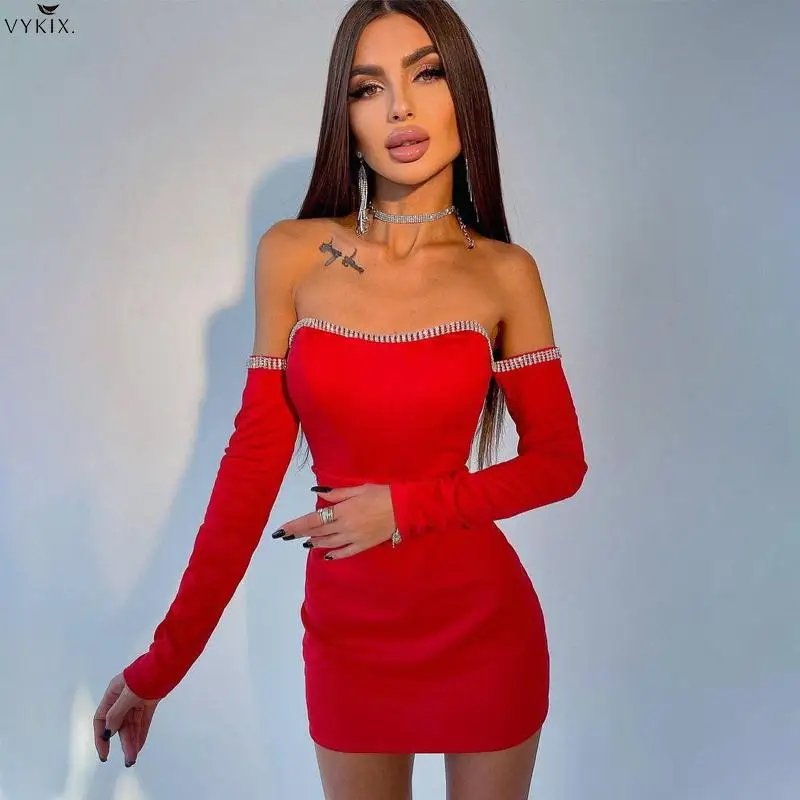 

Korean Diamond Patchwork Women Long Sleeve Off Shoulder Mini Dresses Bodycon Sexy Party Elegant Festival Evening Christmas 2021