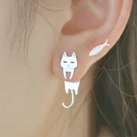 cute cat and fish stud earrings for women fashion asymmetric design unusual earrings female gift daily wear accessories jewelry