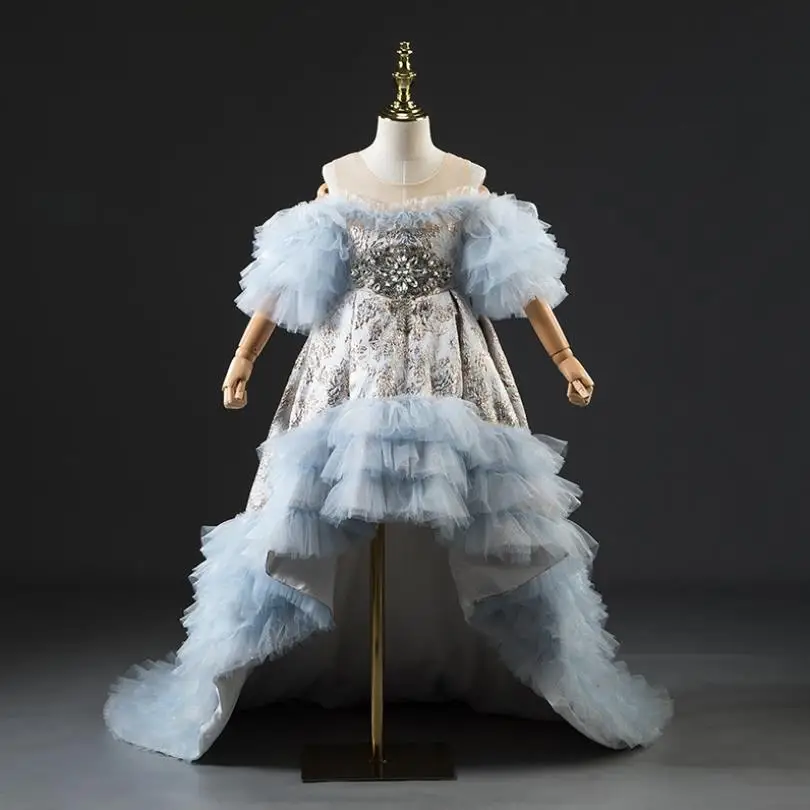 

High-end Luxury Girls Catwalk Trailing Dress Fashion Mesh Stitching Beading Ball Gown Birthday Party Dress For Girl Vestidos L35