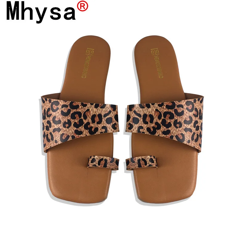 

2021 Women Casual Flat Slippers Summer Outdoor Beach Square Head Open Toe Sandals Fashion Leopard Print Sandals Shoes for Woman