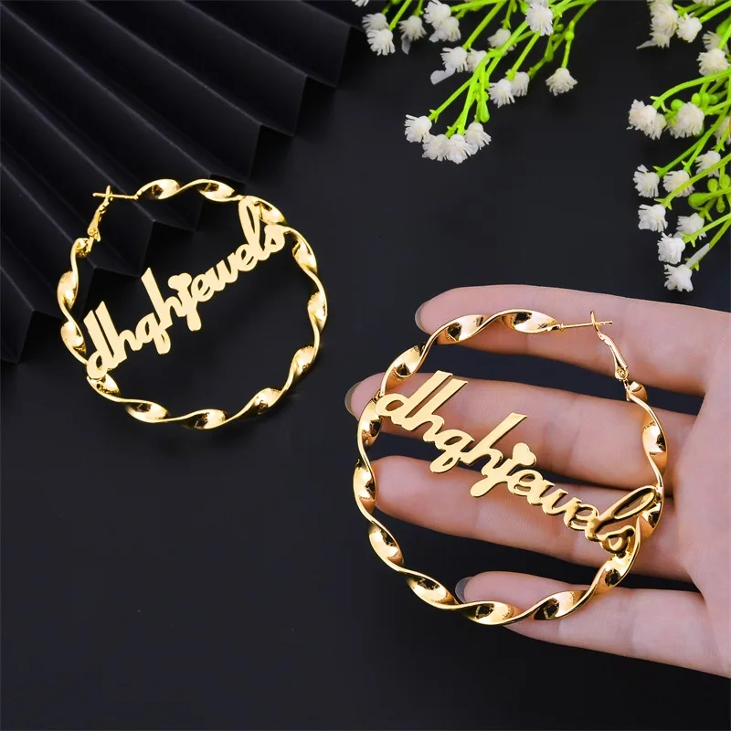 

Customized Name Earrings Personalized Golden Geometric Earrings Stainless Steel Custom English Letters Jewelry Gifts for Female