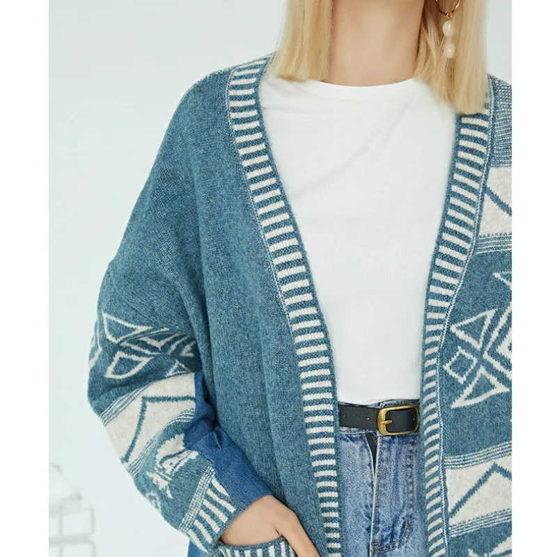 Christmas Print Long Cardigan Korean Irregular Jeans Patchwork Sweater Women Tops Sweaters Autumn Winter Cute Qq008 |