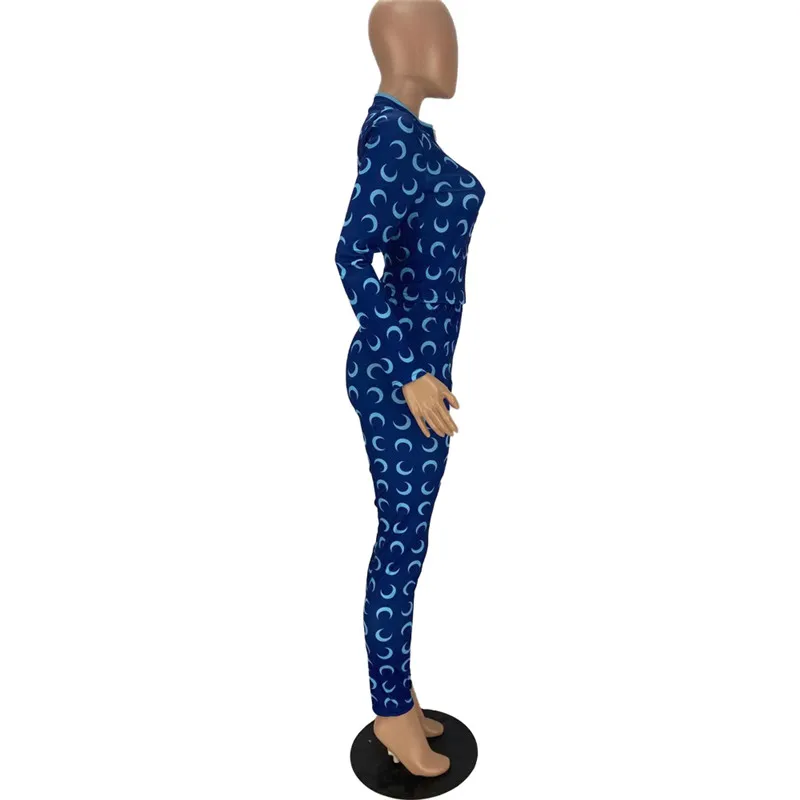 

Womens Two Piece Sport Wear Personality Printing Long Sleeve Zipper Cardigan and High Waist Trousers