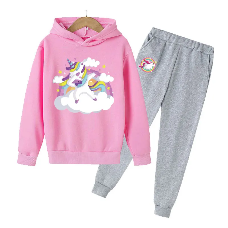 

Pink Unicorn Kids Sports Hoodie Set Cotton Girls Top + Pants 2P Children's Clothing Spring and Autumn Warm Youth Clothes