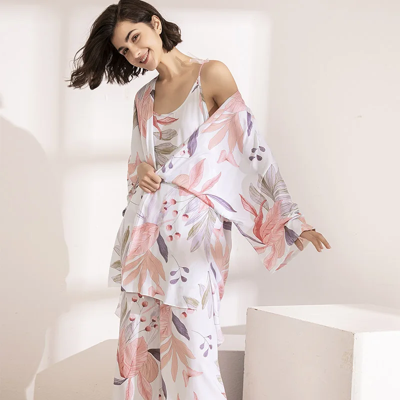 

HOT SELLING 3Pcs Soft Pajama Set For SPRING & FALL Ladies Sleepwear Floral Printed Pink Leaves Cardigan+Camisole+Pants Homewear