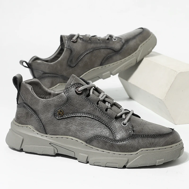 

Spring Retro Shoes For Men Gray Khaki Casual Footwear Men Youth Lace Up Leather Man Casual Sneakers Anti Slip Walking Shoe Mens