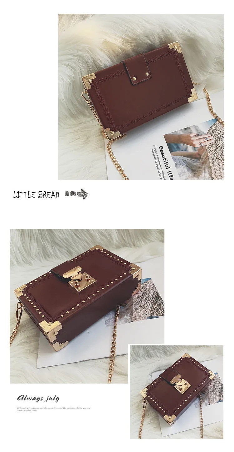 Fashion Vintage Rivet Designer Bag Box Style Buckle PU Women Clutch Bag Chain Purse Shoulder Bag Crossbody Small Flap Handbag