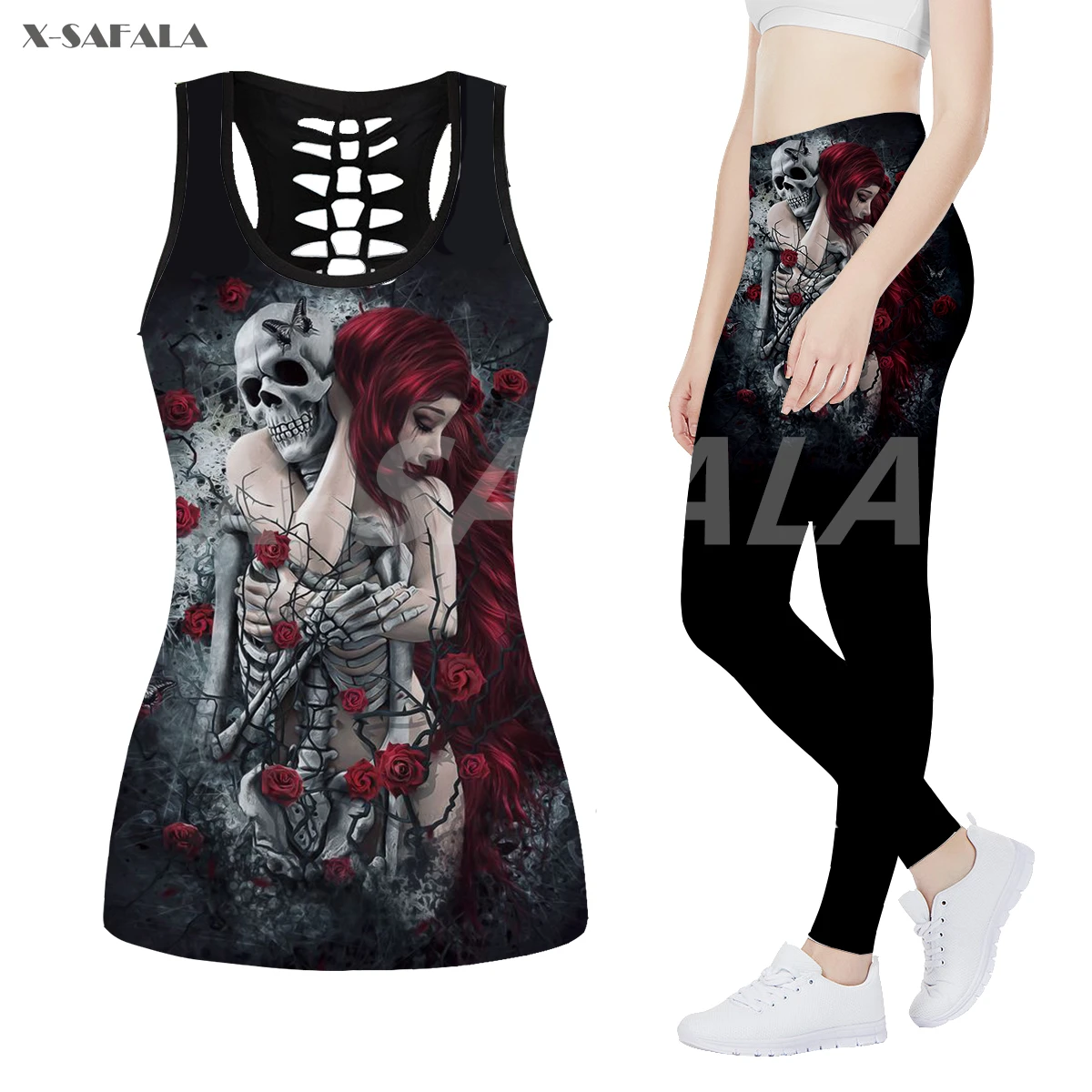 

Skull Dance With Girl Flower 3D Printed Fitness Women Yoga Set Hollow Tank Top Leggings Outfit High Waist Stretchy Sport Pant-4