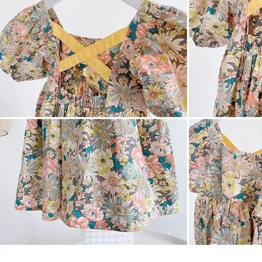 

2021 Summer new Children's Cotton floral skirt Baby Girl short sleeve dress Children's Clothing backless skirt HALTERNECK DRESS