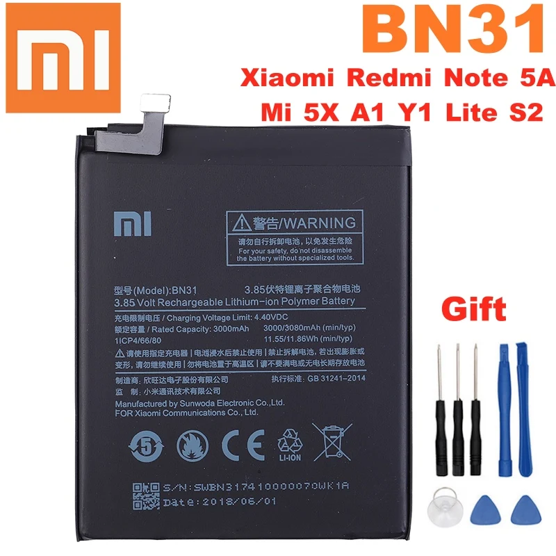100% Оригинальная батарея 3000 мАч BN31 для Xiaomi Mi 5X Redmi Note 5A pro A1 Y1 Lite S2