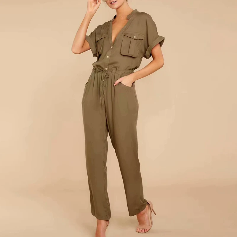 lessverge Green v neck short sleeve women jumpsuit long Casual pockets lace up ladies jumpsuit romper Plus size sexy overalls - Цвет: Зеленый