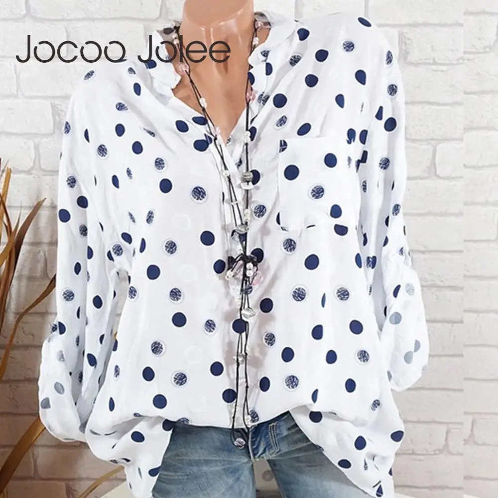 Женские блузки Jocoo Jolee Fahsion летние топы новые белые свободные рубашки в горошек с V