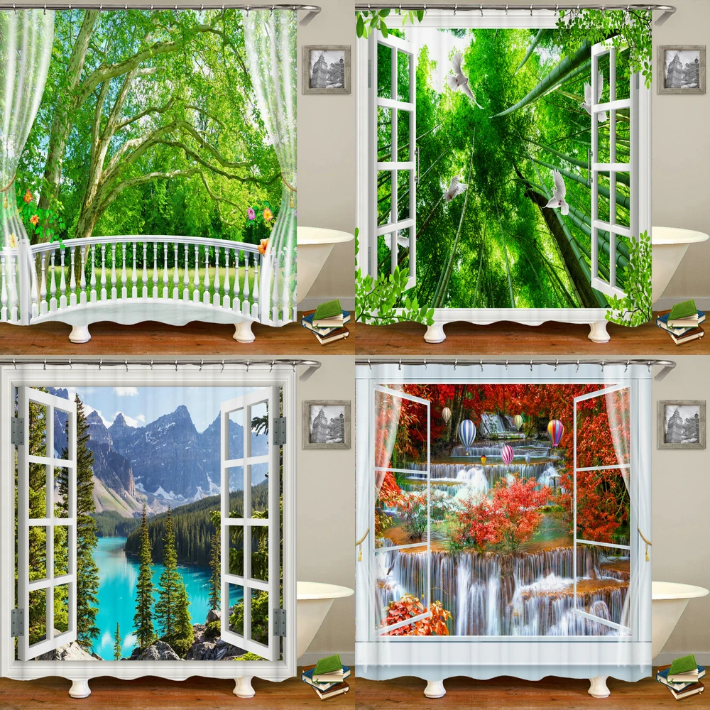 

3D Printed Forest outside Window Bathroom Shower Curtain Green Natural Landscape Decoration Waterproof Curtain with Hook Curtain