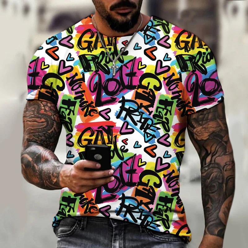 

Summer New Hip Hop Short Sleeve Men T-shirt Loose Casual Fashion Vintage Color Matching O-Neck Letter Abstract T Shirt Top Tee