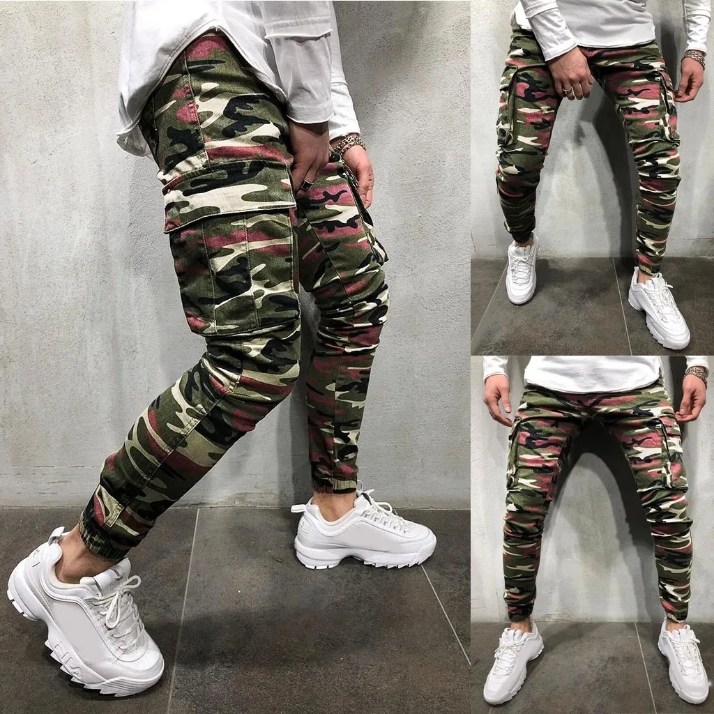 Мужские камуфляжные брюки джинсовые потертые уличная одежда длинные спортивные