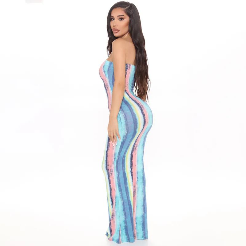 

2021 New Arrival Women Summer Strapless Dress Female Sexy Midi Sleeveless Off Shoulder Dress Girls Tie Dye Print Clothes Outfits