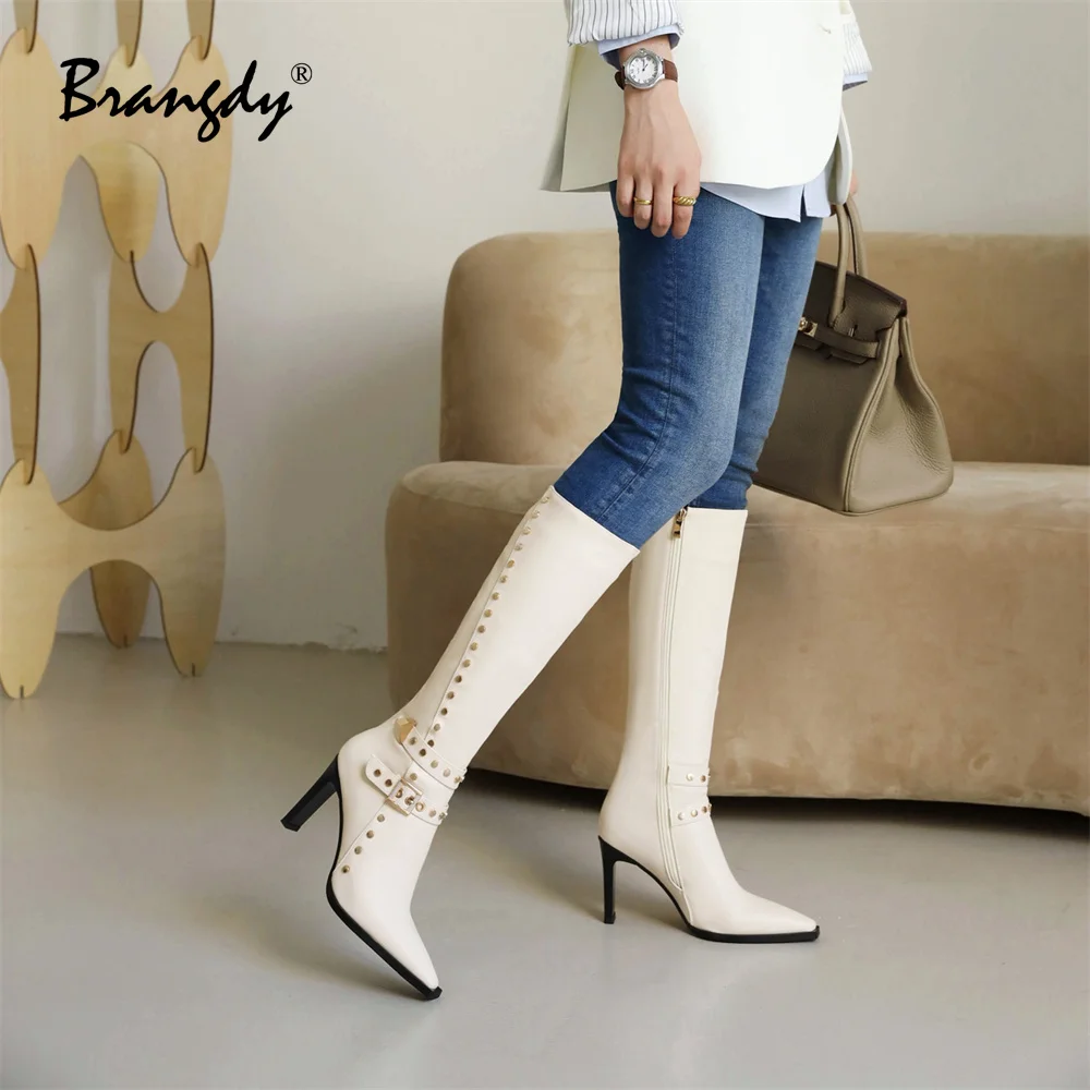 Brangdy Fashion Women Knee Hight Boots PU Leather Belt Buckle Rivet Women Winter Shoes Square Toe Zipper Women Square Heel Pumps
