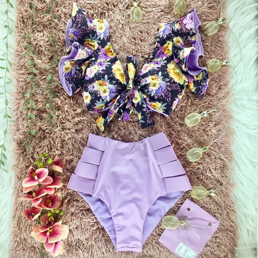 

Two-Pieces Women Floral 2021 Push-Up Padded Bra Ruffles Bandage Bikini Set Swimsuit Swimwear Bathing Suit Beachwear Biquini