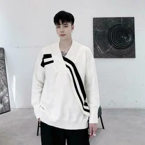 

Men's Fashion Design Long Sleeve Color Matching V Neck Sweaters Youth Pullover 2021