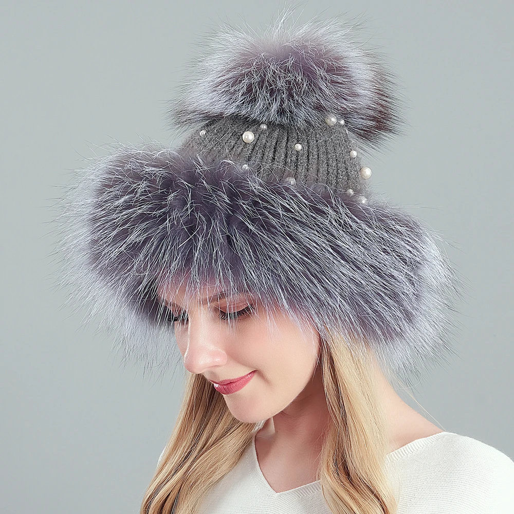 Женские шапки с помпонами из натурального меха вязанные шапки-бобы жемчугом