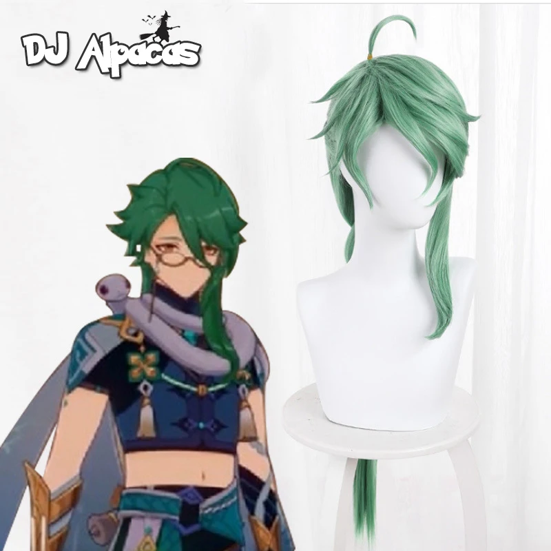 

Genshin Impact Bai Shu Wig 90cm Green Long Styled Synthetic Hair with Bun Cosplay Costume Wigs Heat Resistant Free Wig Cap