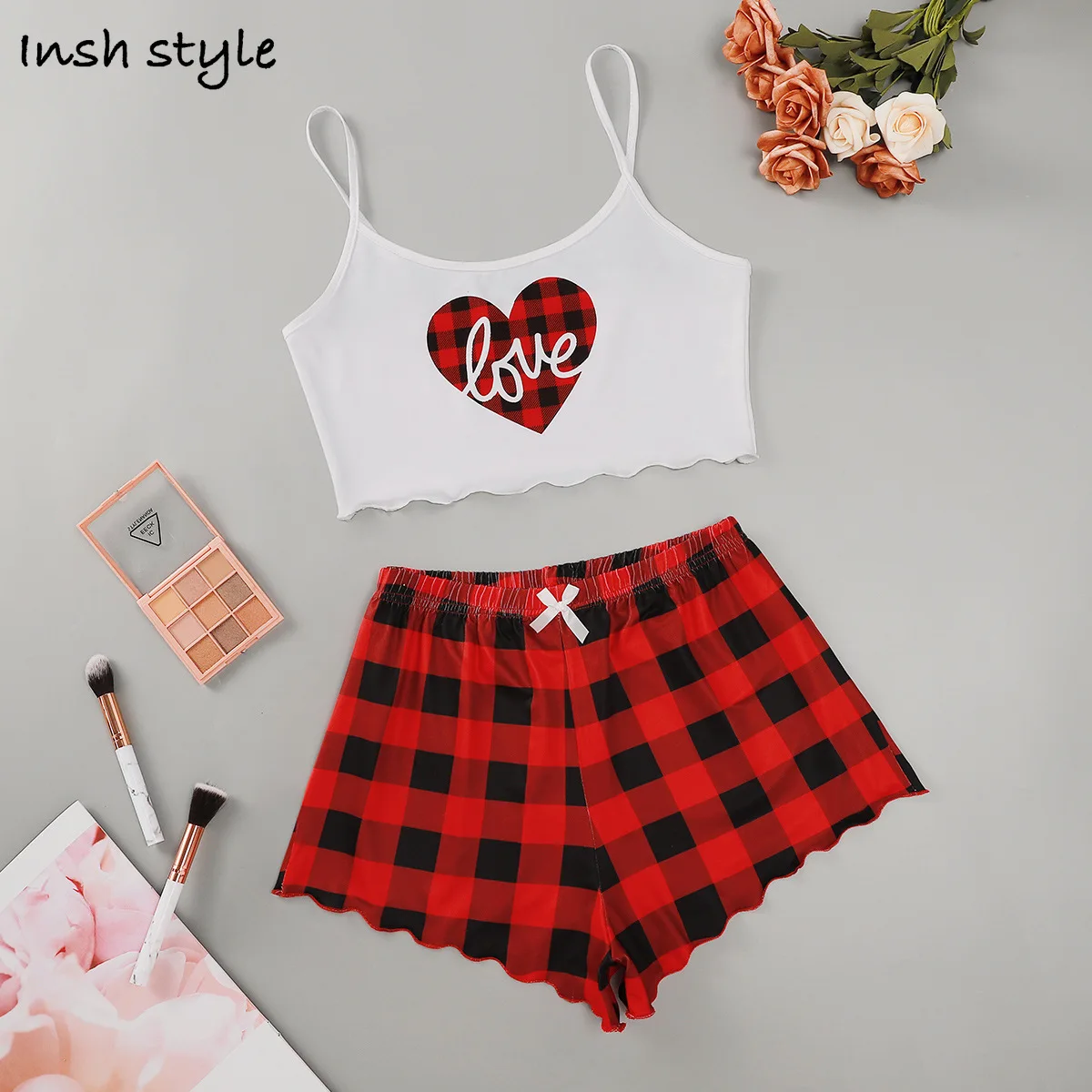 

Camisole Pijamas Set For Women Sexy Pajamas/Sleepwear Plaid And Red Love Heart Prints Spaghetti Strap Shorts Rayon