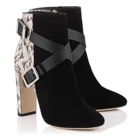 spring and autumn new ankle boot cross strap metal clasp snakeskin thick heel black blue