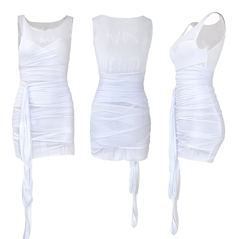 

Women Dress Sleeveless Round Neck Mesh Perspective Strappy Bandage Sexy Mini Dress for Female Ladies Party Fashion Summer New
