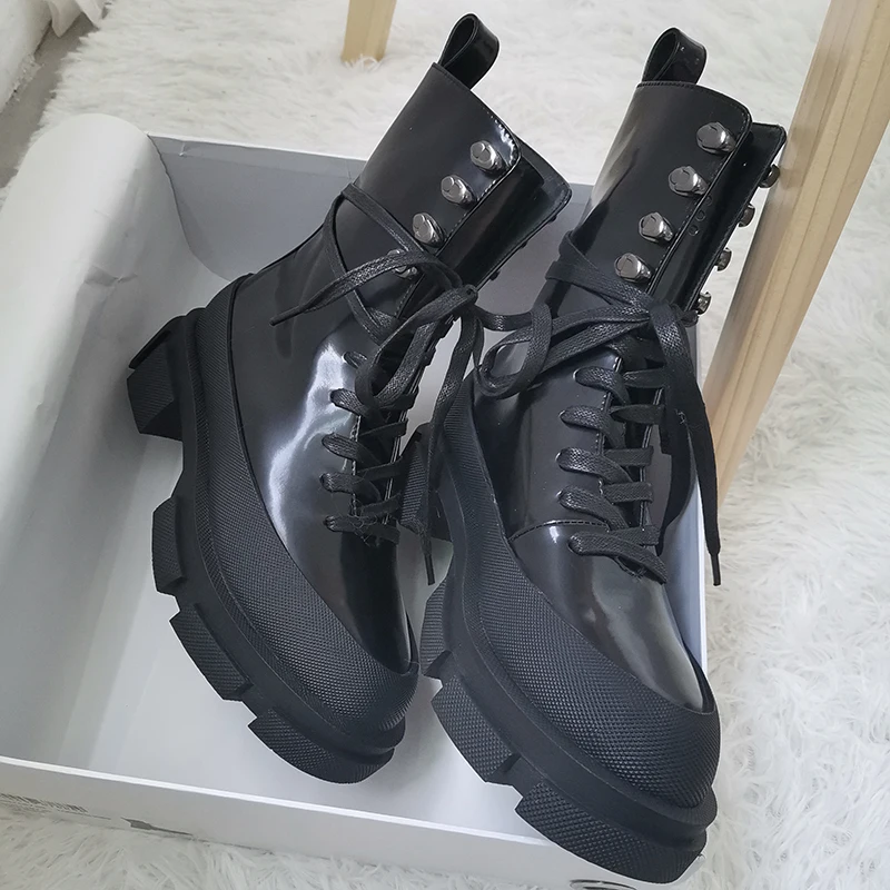 Design NEW Rock punk women shoes round toe patent leather med 5cm heel platform cross-tied Retro party boots | Обувь