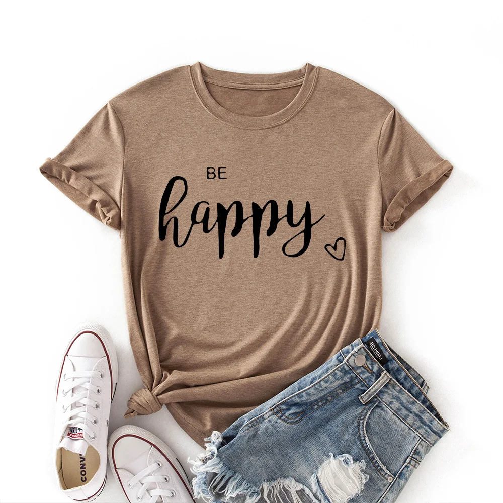 

Oversized Basic Tshirt Be Happy Letter Print T-shirt Women Harajuku Summer Cotton Graphic Tee Shirt Ladies Short Sleeve Tops