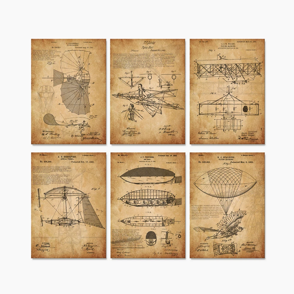 

6 in 1 vintage flying machine airplane patent art prints wall decor unframed