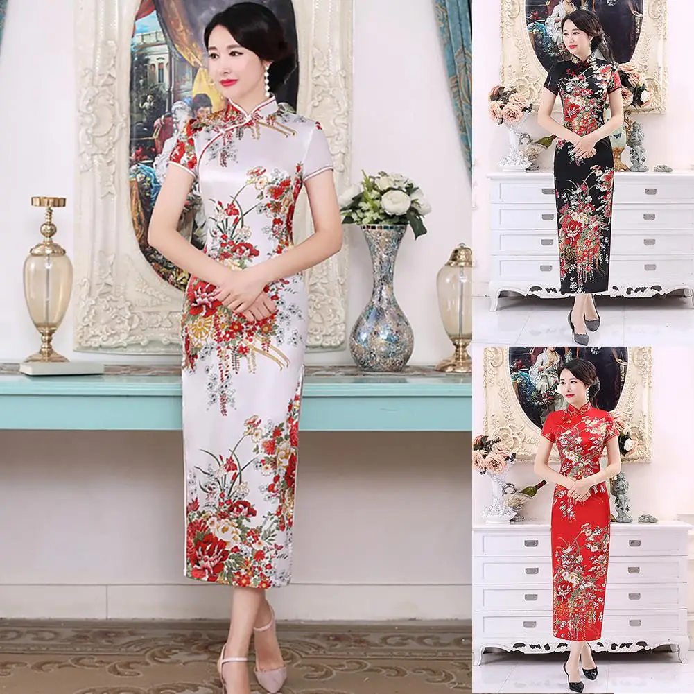 

Women Chinese Short Sleeve Floral Print Brocade Cheongsam Banquet Midi Dress