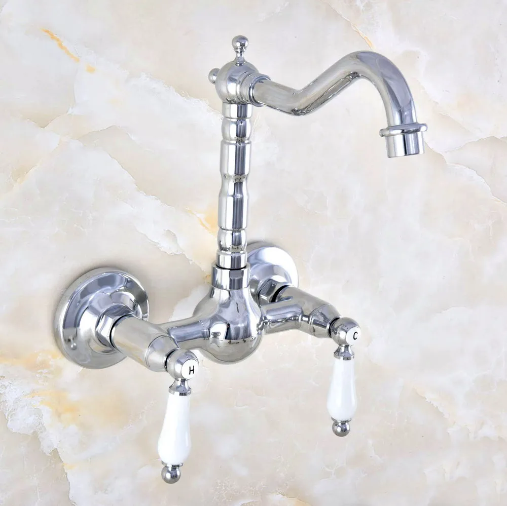 

Silver Chrome Polished Brass Two Ceramic Lever Handle Hole Kitchen Bathroom Basin Faucet Sink Mixer Tap Swivel Spout 360' dnf575