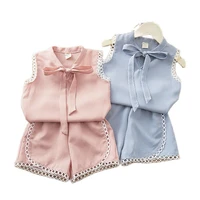 two pieces cotton girls clothing sets summer vest sleeveless children sets fashion plaid bowknot suit casual floral outfits 2 7t