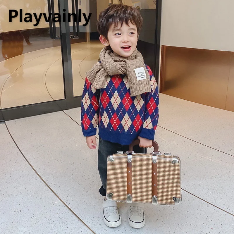 Su&eacute;ter de oto&ntilde;o para ni&ntilde;os y ni&ntilde;as, Jersey de punto con dibujos de pato, oso, rat&oacute;n y cuadros, ropa informal, E2600, novedad de 2021-0