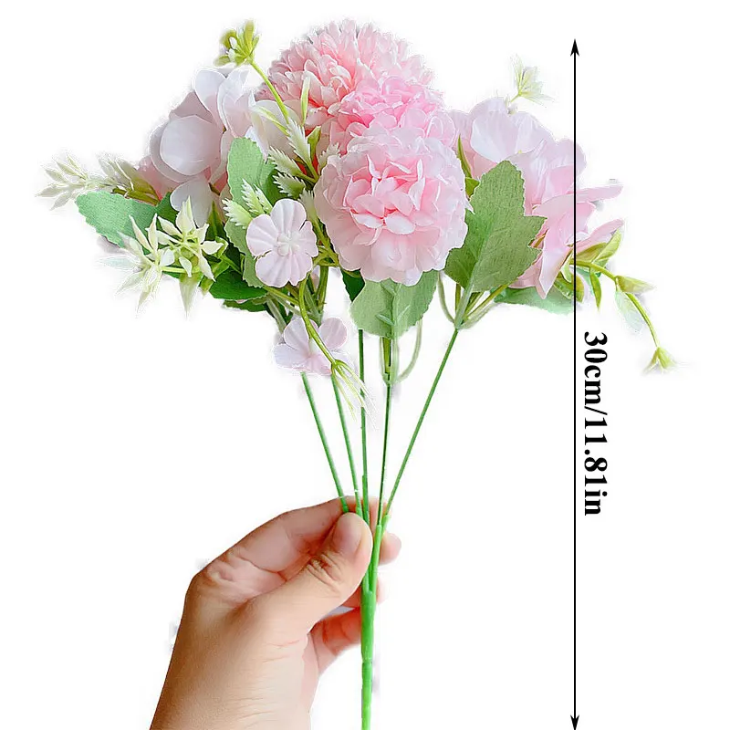 

Fake Flower Bouquet 7 Heads Hydrangea Flowers Artificial Bouquet Silk Blooming Rose Peony Pompon Bride Wedding Decoration