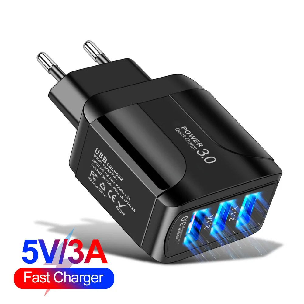 

18W USB Charger Fast Charge QC3.0 Wall Charging For iPhone 13 12 Pro Max Samsung Xiaomi Mobile Phone 5V 3A 3 Ports Power adapter