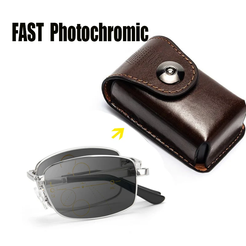 Outdoor Photochromic Reading Glasses Men Progressive Multi Focal Full Frame Metal Foldable Presbyopic Glasses with Case Black