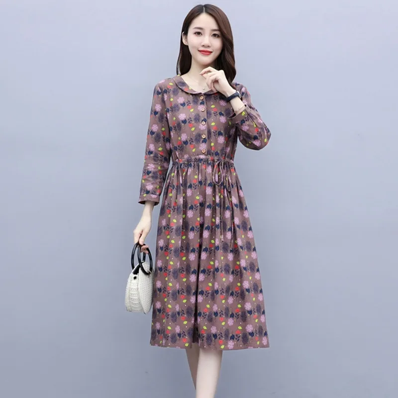 

Spring and Autumn New Waist-Controlled Base Dress Mid-Length Fashion Casual Printing Long Sleeve Cotton and Linen Dress forWomen