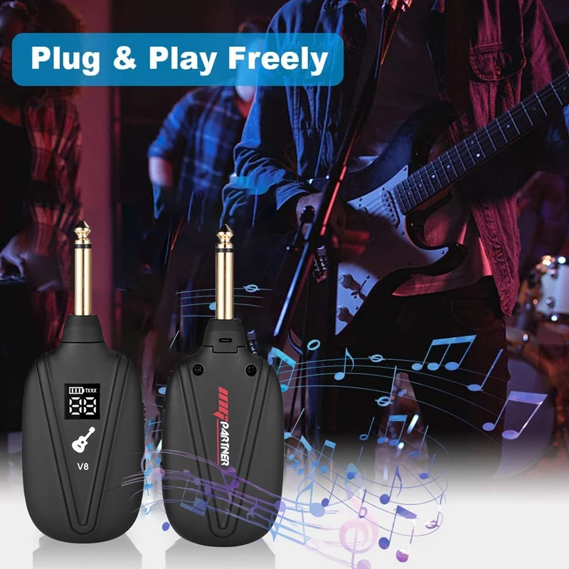 

V8 Wireless Guitar System Built-in Rechargeable 4 Channels Wireless Guitar Transmitter Receiver for Electric Guitar Bass