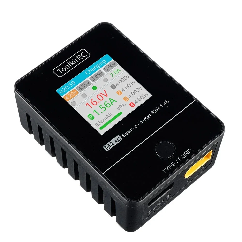 ToolkitRC M4AC 30W 2.5A AC Smart Battery Balance Charger XT30/XT60 Output for 1-4S LiPo LiHV LiFe - XT60 With EU Plug | Электроника