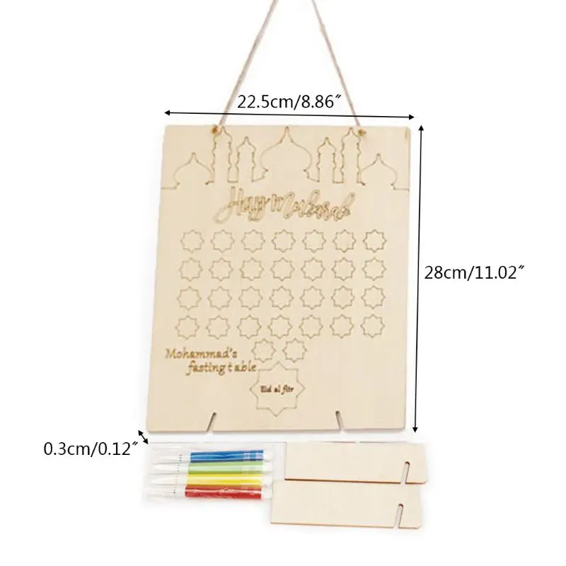 

Wooden Ramadan Countdown Calendar DIY Graffiti EID Mubarak Decoration with Pens Muslim Party Supply