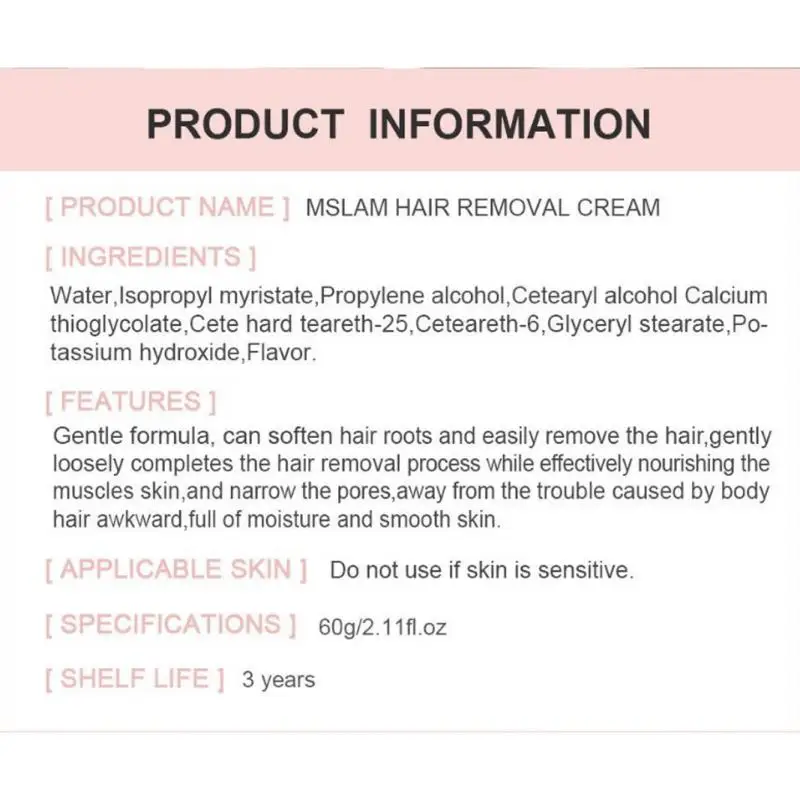 

MSLAM Gentle Hair Removal Cream 60ml Painless Hands Legs Armpits Facial Hair Removal Cream For Man And Women TSLM2