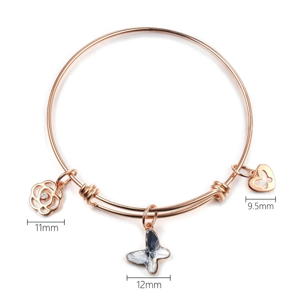 

Charm Rose Gold Plated Bangle Bracelet with Butterfly Flower Heart Crystle Resizable for Women Gift Luxury Jewelry LKN18KRGPZ114