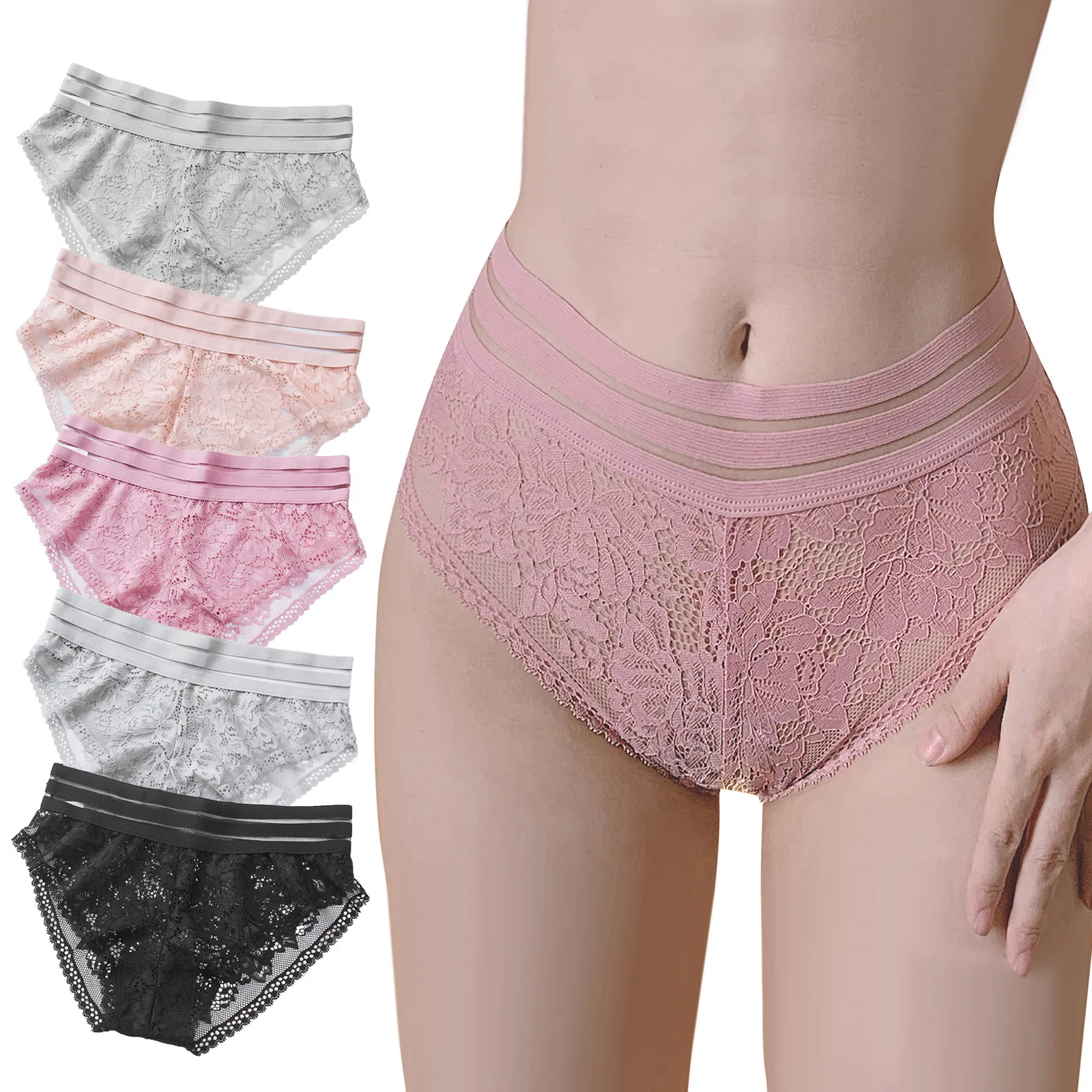 

Women's Lace Floral Panties Seamless Underwear Female Transparent Lace Sexy Lingerie Mid-Waist Briefs Cotton Bottom Underpants