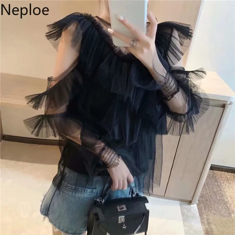 Женские модные рубашки Neploe с рюшами и оборками прозрачный шифоновый топ вырезами