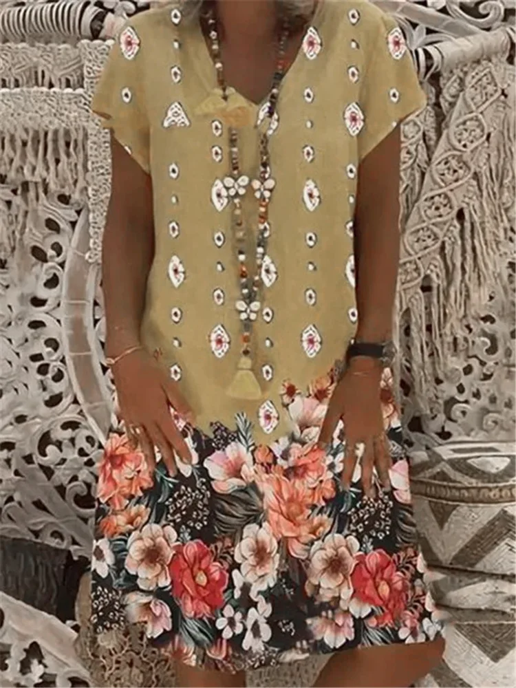 Женские платья больших размеров с цветочным принтом коротким рукавом и