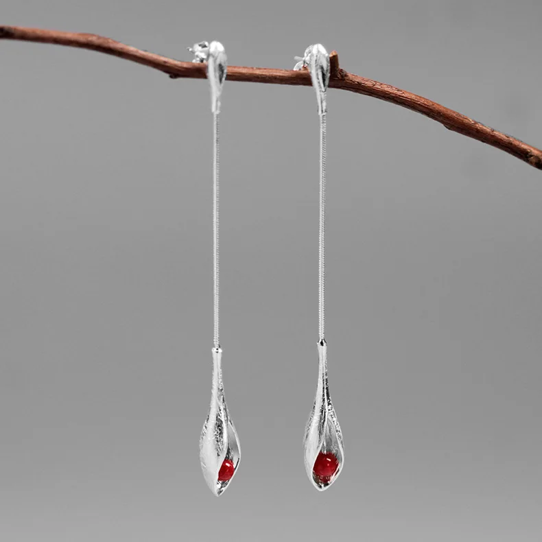 Red Coral INATURE элегантный 925 пробы серебряный красный коралл цветок длинные висячие серьги для женщин ювелирные изделия - Окраска металла: Red Coral