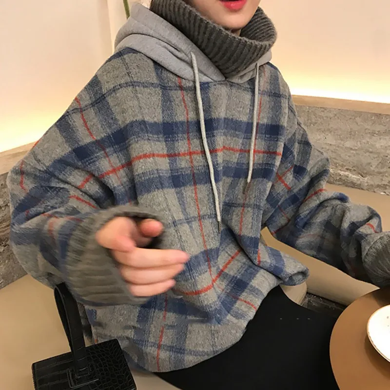 

HOT Winter Warm Casual Warm Hoodies Fake Two Pieces Women's Long Sleeve Turtleneck Pullover Coat Knitted Female Top