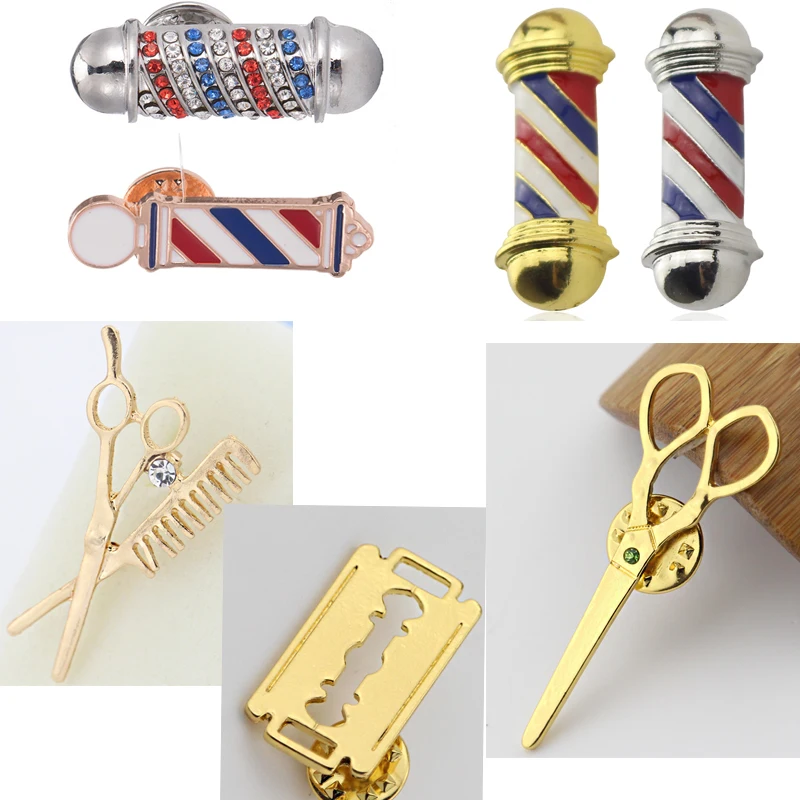 Badge Brooch Pins 3D Barber Shop Pole Shape Brooches Crystal Razor Scissors Enamel Pin Hair Stylist Lapel Hairdressers Gift